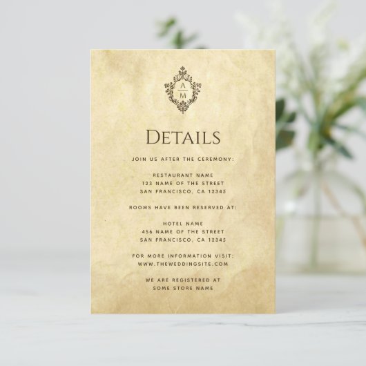  Crest Monogram Trouwdetails Oude Papier Informatiekaartje (Staand voorkant)