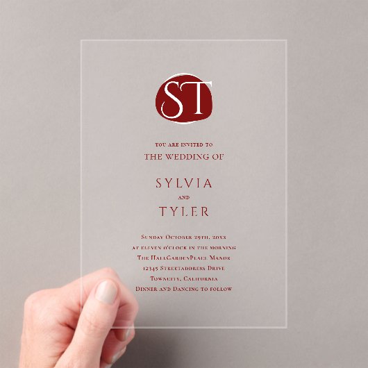 Crest Monogram Typografie Bruiloft Acryl Uitnodigingen (Insitu (Draagbaar))