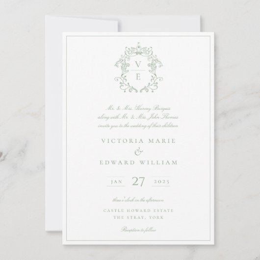  Crest Monogram Wedding Sage Kaart (Voorkant)