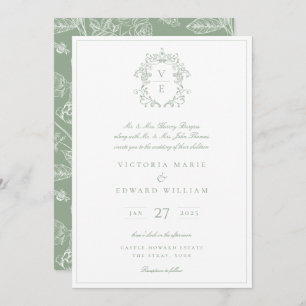  Crest Monogram Wedding Sage Kaart
