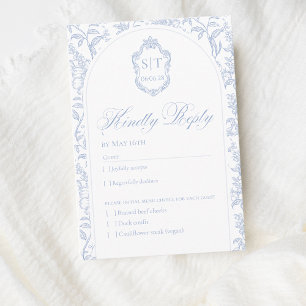 Crest Monogram Zachte Delft Blauwe Bloemrijke Scri RSVP Kaartje