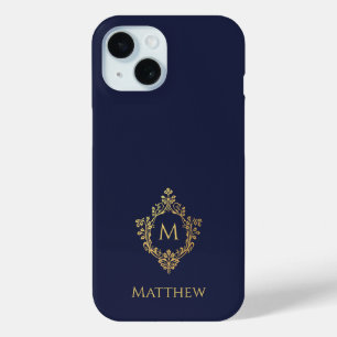 Crest Navy Blauw Goud Monogram Naam  iPhone 15 Case