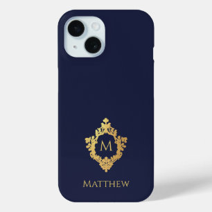 Crest Navy Blauw Gouden Monogram Naam Vintage  iPhone 15 Case