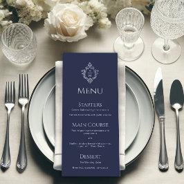 Crest Navy Blauw Vintage Elegant Monogram Huwelijk Menu