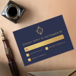 Crest Navy Blauwe Trouw Monogram Nep Goud Elegant RSVP Kaartje