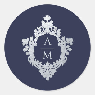 Crest Navy Blauwe Vintage Sierlijke 2 Initialen Mo Ronde Sticker