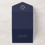 Crest Navy Blue Faux Gold Elegant Huwelijk Monogra All In One Uitnodiging (Buitenkant)