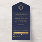 Crest Navy Blue Faux Gold Elegant Huwelijk Monogra All In One Uitnodiging (Binnen)