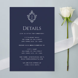 Crest Navy Blue Wedding Details Monogram  Informatiekaartje