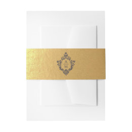 Crest nep goud folie navyblauw monogram luxe uitnodigingen wikkel