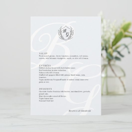  Crest oversized elegante monogram bruiloft Menu (Staand voorkant)