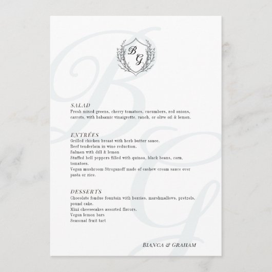  Crest oversized elegante monogram bruiloft Menu (Voorkant)
