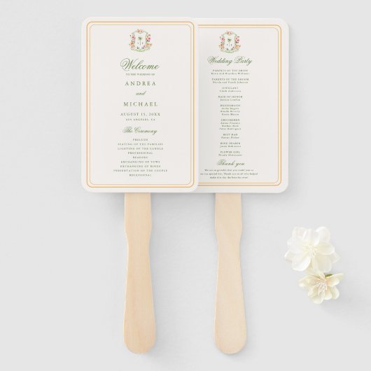 Crest Palm Tree Monogram Tropisch Huwelijk Program Handwaaier (Voorkant en achterkant)