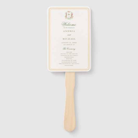 Crest Palm Tree Monogram Tropisch Huwelijk Program Handwaaier (Voorkant)