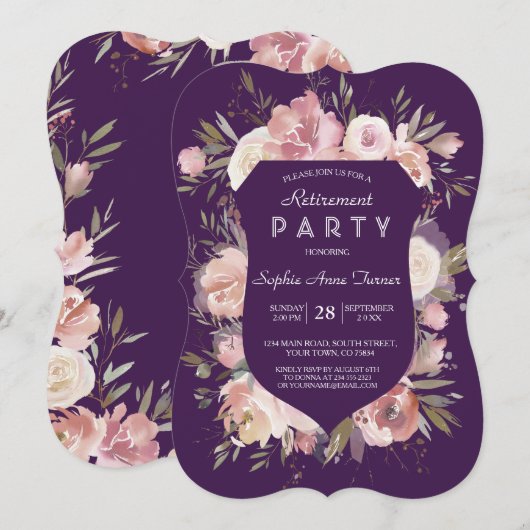 Crest Peach Peonies Paars Pink Retirement Party Kaart (Voorkant / Achterkant)