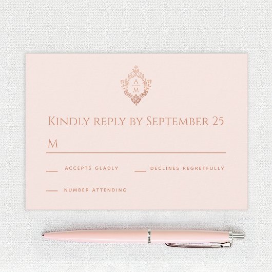 Crest Roos Gold Blush Elegant Monogram Bruiloft RSVP Kaartje