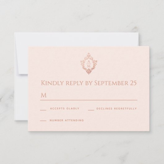 Crest Roos Gold Blush Elegant Monogram Bruiloft RSVP Kaartje (Voorkant)