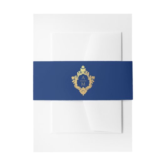 Crest Royal Blue Faux Gold  Bruiloft Monogram Uitnodigingen Wikkel (Voorkant Voorbeeld)