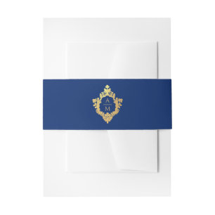 Crest Royal Blue Nepgoud Versierd Trouwmonogram Uitnodigingen Wikkel