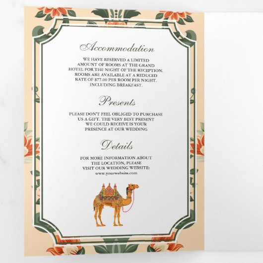 Crest Royal Camel Indiase Hindoe bruiloft Drieluik Uitnodiging (Binnenzijde eerst)