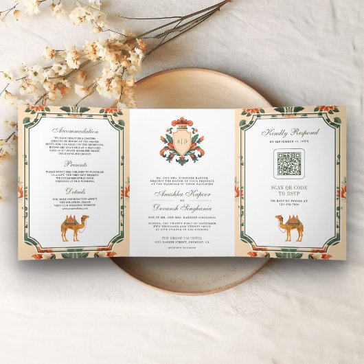 Crest Royal Camel Indiase Hindoe bruiloft Drieluik Uitnodiging