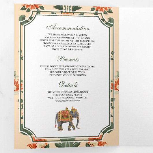 Crest Royal Elephant Indiase Hindoe bruiloft Drieluik Uitnodiging (Binnenzijde eerst)