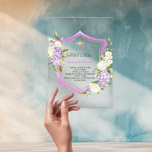 Crest roze paarse bloemen meisje duidelijk Doop Acryl Uitnodigingen