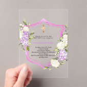Crest roze paarse bloemen meisje duidelijk Doop Acryl Uitnodigingen (Insitu (Draagbaar))