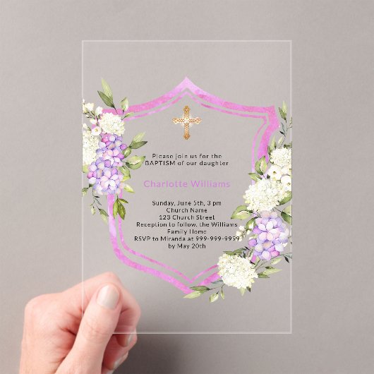 Crest roze paarse bloemen meisje duidelijk Doop Acryl Uitnodigingen (Insitu (Draagbaar))
