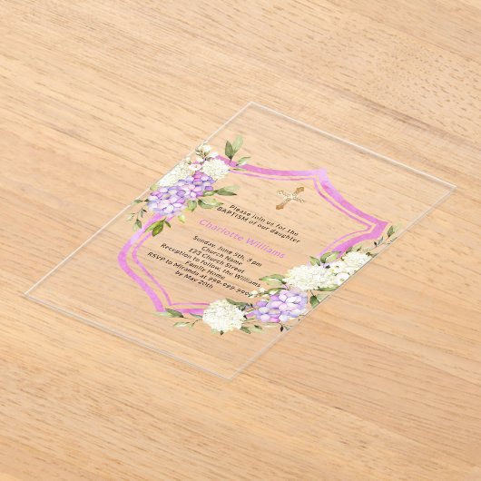 Crest roze paarse bloemen meisje duidelijk Doop Acryl Uitnodigingen (Laagn)