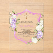 Crest roze paarse bloemen meisje duidelijk Doop Acryl Uitnodigingen (Voorkant)