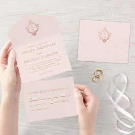 Crest Roze Rose Goud Vintage Trouw Monogram RSVP All In One Uitnodiging