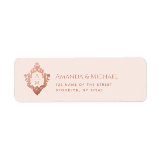 Crest Roze Roze Goud Antieke Trouw Monogram Etiket (Voorkant)