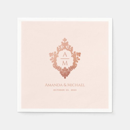 Crest Roze Roze Goud Monogram Elegante Trouwdag Servet (Voorkant)