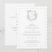 Crest Sage Groene Monogram QR Code Trouwen Kaart (Voorkant / Achterkant)