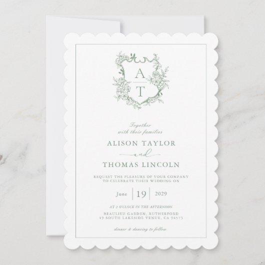 Crest Sage Groene Monogram QR Code Trouwen Kaart (Voorkant)