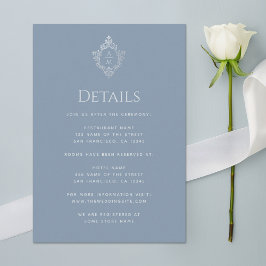 Crest Stof Blauw Bruiloft Details Vintage Monogram Informatiekaartje