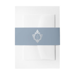 Crest Stof Blauw Zilver Elegant Vintage Monogram Uitnodigingen Wikkel