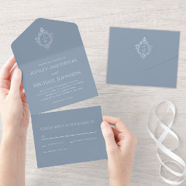 Crest Stofblauw Vintage Trouw Monogram en RSVP All In One Uitnodiging