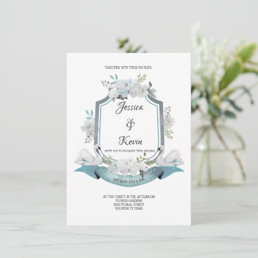 Crest Swan Wedding Uitnodiging (Staand voorkant)