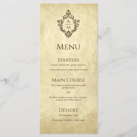 Crest Trouw Monogram Vintage Perkament Victoriaans Menu (Voorkant)