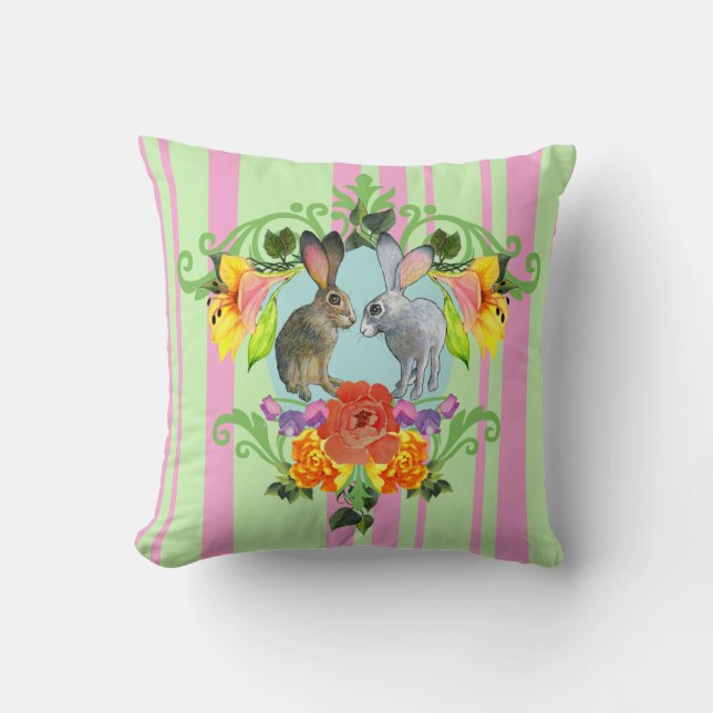 Crest van Rabbits Pink Green Pillow Kussen (Voorkant)