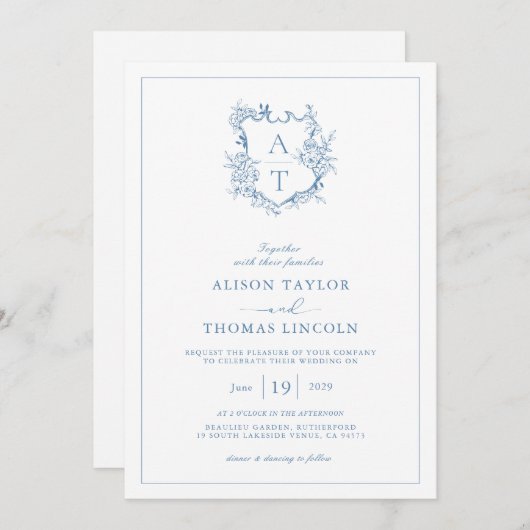 Crest Vibrant Blauw Monogram QR Code Huwelijk Kaart (Voorkant / Achterkant)