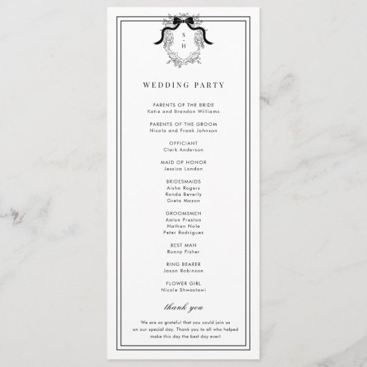 Crest Victoriaans Franse Bow Formele bruiloft Programmakaart (Achterkant)