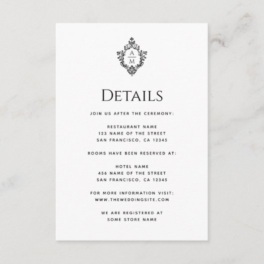 Crest Wedding Details Zwart Wit Monogram Informatiekaartje (Voorkant)