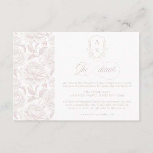 Crest Wedding Monogram Blush Pink Script details Informatiekaartje (Voorkant)