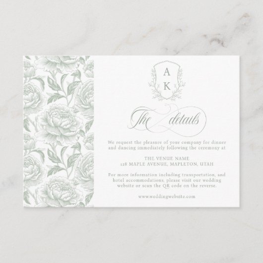 Crest Wedding Monogram Sage Green Script details Informatiekaartje (Voorkant)