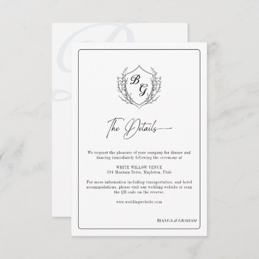 Crest Wedding Monogram zwart-wit details Informatiekaartje (Voorkant / Achterkant)