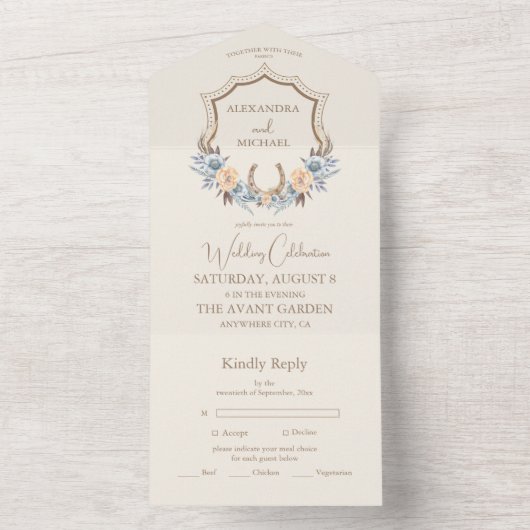 Crest Western Land Boheemse Bloemen Bruiloft All In One Uitnodiging (Binnen)