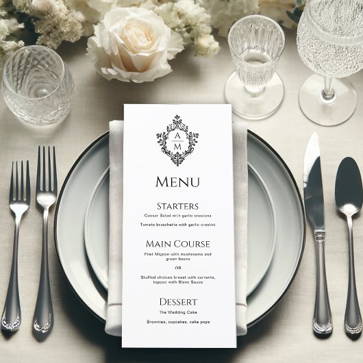 Crest Zwart en Wit Trouw Monogram Vintage Menu